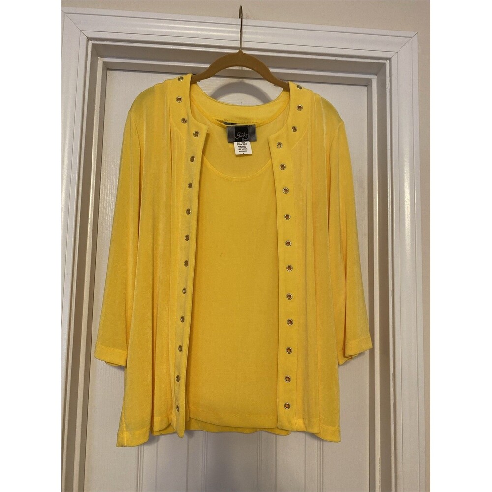Slinky Brand Womens Sz L 2 Piece Cardigan and Cowl Neck Tank Top Yellow